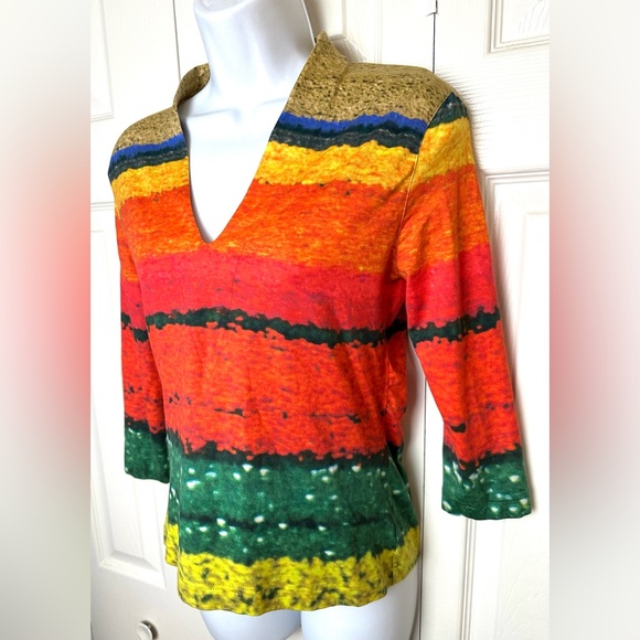 AKRIS Flower Field VNeck Blouse Shirt Top Colorful Floral Stripe Tee 3/4 Sleeve - Picture 3 of 11